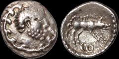 Celtic Britain CELTIC BRITAIN. Atrebates and Regni. Eppilus. Circa 20 B.C. - A.D 1. AR unit. 1.21 gm. 12 mm. Calleva mint. Realistic bearded male head right within a wreath made of a vine / A boar sta