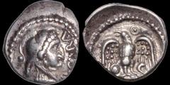 Celtic Britain CELTIC BRITAIN. Southern: Regini and Atrebates. Caratacus. Circa A.D. 40-43. AR unit. 1.18 gm. 12 mm. Bust right, wearing a lion skin; CARA in front / An eagle standing facing, head lef