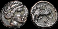 Greek THESSALY. Larissa. Late 4th - early 3rd centuries B.C. Æ chalkous. 2.18 gm. 14 mm. Head of the nymph Larissa right, hair rolled up about head, wearing pendant earring / Crouching horse left, abo