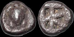 Greek ISLANDS OFF ATTICA. Aegina. Circa 470-431 B.C. AR obol. 1.02 gm. 8 mm. Sea turtle / Incuse square with large skew pattern. HGC 6, 450. Very Fine; toned; well centered and high relief.