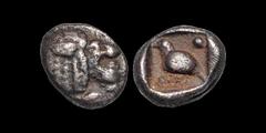 Greek CARIA. Mylasa(?). Circa 420-390 B.C. AR tetartemorion. .28 gm. 6 mm. Head of lion right / Bird left within incuse square, pellet in top right and bottom left corners. SNG Keckman 924. SNG Kayhan
