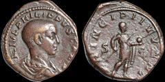 Roman Imperial Philip II. As Caesar, A.D. 244-247. Æ sestertius. 20.13 gm. 29 mm. Rome mint. A.D. 245. His bareheaded and draped bust right; M IVL PHILIPPVS CAES / Philip II standing right in military