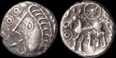 Celtic Britain CELTIC BRITAIN. Southern: Regini and Atrebates. Commios. Circa 50-25 B,C. AR unit. 1.22 gm. 12 mm. Ladder Head Type. Celtic head (an artistic style that can be found in modern art) left