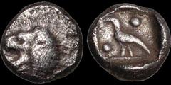 Greek IONIA. Miletos. Circa 510-494 B.C. AR tetartemorion. .25 gm. 6 mm. Lion's head left / Bird standing left between two pellets, all within incuse square. SNG Tübingen 3007-3012. Very Fine; toned. 