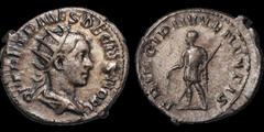 Roman Imperial Herennius Etruscus. As Caesar, A.D. 249-251. Son of Trajan Decius. AR antoninianus. 3.53 gm. 22 mm. Rome mint. His radiate and draped bust right; Q HER ETR MES DECIVS NOB C / Herennius 