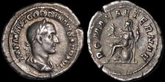 Roman Imperial Gordian I Africanus. A.D. 238, March-April. AR denarius. 3.11 gm. 20 mm. His laureate and draped bust right; IMP M ANT GORDIANVS AFR AVG around / Roma seated left, shield below, Victory