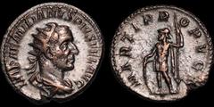Roman Imperial Aemilian. A.D. 253. AR antoninianus. 4 gm. 21 mm. His radiate, draped, and cuirassed bust right; IMP AEMILIANVS PIVS FEL AVG / Mars standing left, leaning on shield and holding spear; M