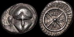 Greek THRACE. Mesambria. 4th century B.C. AR diobol. 1.17 gm. 11 mm. Crested Corinthian style helmet facing / Spiked wheel, META within spokes. SNG BM Black Sea 268-271. Good Very Fine; toned; attract