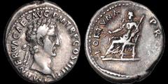 Roman Imperial Nerva. A.D. 96-98. AR denarius. 3.33 gm. 18 mm. Rome mint. Struck A.D. 97. His laureate head right; IMP NERVA CAES AVG P M TR P COS III P P / Fortuna seated left, holding grain ears and