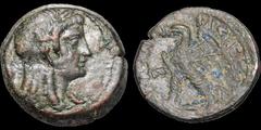 Greek PTOLEMAIC KINGS OF EGYPT. Ptolemy VI Philometor. First sole reign, 180-170 B.C. Æ diobol. 15.3 gm. 26 mm. Wreathed and draped bust of Cleopatra I (as Isis) right / Eagle standing left on thunder