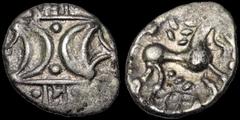 Celtic Britain CELTIC BRITAIN. East Anglian Region, Iceni. Ecen. A.D. 10-43?. AR unit. 1.21 gm. 15 mm. Double crescent emblem / Horse right, CE below. S. 443A var. ABC 1657. Very Fine.