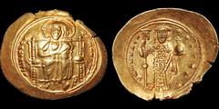 Byzantine BYZANTINE EMPIRE. Constantine X Ducas. 1059-1067. AV histamenon nomisma. 4.38 gm. 26 mm. Christ enthroned facing, nimbate, holding book of Gospels and raising hand in benediction / Constanti