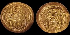 Byzantine BYZANTINE EMPIRE. Constantine IX Monomachus. 1042-1055. AV histamenon nomisma. 4.45 gm. 30 mm. Constantinople mint. Struck 1042-1046. Christ nimbate seated facing on lyre-backed throne, left
