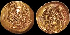 Byzantine BYZANTINE EMPIRE. Michael VIII Paleologus. 1261-1282. AV hyperpyron nomisma. 4.14 gm. 26 mm. Constantinople mint. Bust of the Virgin orans within city walls with six towers / Michael on left