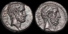 Roman Republican ROMAN REPUBLICAN. Q. Servilius Caepio (M. Junius) Brutus. 54 B.C. AR denarius. 3.7 gm. 18 mm. Rome mint. Bare head of L. Junius Brutus right; BRVTVS behind / Bare head of Caius Servil