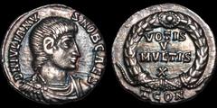 Roman Imperial Julian II. As Caesar, A.D. 355-360. AR reduced siliqua. 1.96 gm. 16 mm. Arelate (Arles) mint, 3rd officina. His bareheaded, draped, and cuirassed bust right; D N IVLIANVS NOB CAES / VOT