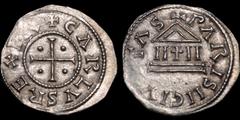 Medieval FRANCE. MEDIEVAL. Paris. Charles the Bald. 843-877 (King of France, the West Frankish Kingdom). AR denier. 1.61 gm. 21 mm. Central cross with pellet in each angle; +CARLVS REX FR / Front of a