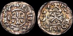Medieval FRANCE. MEDIEVAL. Normandy (Duchy). Richard I ("the Fearless"). 943-996. AR denier. 1.12 gm. 20 mm. Cross, pellets in angles; +RICARDVS / A temple with pediment, cross of St. Andrew base; +RO