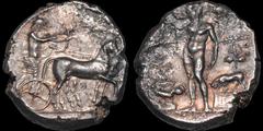 Greek SICILY. Selinos. Circa 455-409 B.C. AR tetradrachm. 16.97 gm. 25 mm. Artemis, holding reins, driving quadriga right; beside her, Apollo standing right, drawing bow; barley grain in exergue / The