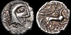 Celtic Britain CELTIC BRITAIN. Iceni. (Queen Boudicca?). A.D. 61. AR unit. 1.23 gm. 15 mm. Uninscribed face/horse type. Sytlized head right / Horse cantering right, adorned shield above, lozenge with 