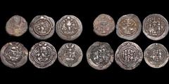 Central Asian 6 COINS. SASANIAN EMPIRE. Varhran I, Æ (1). Xusro I, AR drachm (2). Xusro II, AR drachm (3). All coins: king's bust right / Fire altar with two attendants. Varhran Æ Fine, some corrosion