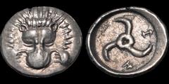 Greek DYNASTS OF LYCIA. Temp. Trbbenimi. Circa 390-375 B.C. AR sixth stater. 1.58 gm. 14 mm. Zemura (Limyra) mint. Facing lion scalp / Triskeles; ZEM (mintmark, in Lycian) around; all within incuse ci