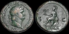 Roman Imperial Nero. A.D. 54-68. Æ sestertius. 28.18 gm. 33 mm. Rome mint. Struck circa A.D. 66. His laureate head right; IMP NERO CLAVD CAESAR AVG GER P M TR P P P / Roma seated left on cuirass, hold