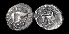 Celtic Britain CELTIC BRITAIN. North Eastern Region. Corieltavi. AR half unit. .47 gm. 12 mm. Boar right / Horse right, pattern of pellets above and below. ABC 1833; this variety not listed; the boar 