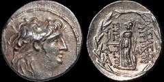 KINGS OF CAPPADOCIA. Ariarathes VI Epiphanes Philopator. Circa 118-106 B.C. AR tetradrachm. 14.96 gm. 28 mm. In the name and types of Antiochos VII of Syria. Mint II, emission 10. Diademed head of Ant