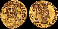 Byzantine BYZANTINE EMPIRE. Justinian II. First reign, 685-695. AV solidus. 4.41 gm. 19 mm. Constantinople mint, 2nd officina. Struck 692-695. Facing bust of Christ Pantokrator, holding book of Gospel