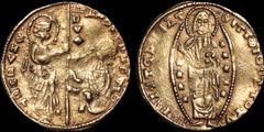 Central Asian CRUSADERS. Beyliks of Western Asia Minor. After 1348. EL ducat. 3.38 gm. 22 mm. Late 'K' series, imitating the Venetian ducats of Andrea Dantolo (1344-1354). Doge to right, kneeling left
