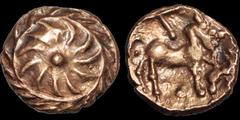 Celtic CELTIC BRITAIN. Regni and Atrebates. Tincomarus. Circa 25 B.C. - A.D. 10. Gold quarter stater. .73 gm. 9 mm. Circular wreath, spiral design with center pellet / Horse right, T above. S. 73. ABC