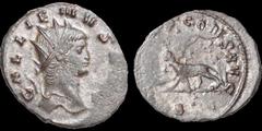 Gallienus. A.D. 253-268. Æ antoninianus. 2.81 gm. 21 mm. Rome mint. Struck A.D. 267-268. His radiate bust right; GALLIENVS AVG / Panther stalking left; LIBERO P CONS AVG around, B in exergue. RIC V.1 