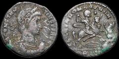 Constantius II. A.D. 337-361. Æ follis. 4.87 gm. 24 mm. Rome mint, 3rd officina. Struck A.D. 337-350. His laureate and draped bust right; A behind; D N CONSTANTIVS P F AVG / The emperor with boyish fe
