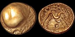 Celtic Britain CELTIC BRITAIN. Gallic War. The Ambiani. Circa 55 B.C. AV stater. 6.26 gm. 20 mm. Mostly blank, a few design elements / Stylized horse right, pellet below. S. 11. Van Arsdell 6-1. ABC 1