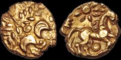 Celtic Britain CELTIC BRITAIN. Regini and Atrebates. Early Uninscribed. Gold quarter stater. 1.41 gm. 11 mm. A wreath design as a celticized face / A triple tailed horse right, pellet below, floral su