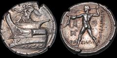 Greek KINGS OF MACEDON. Demetrios I Poliorketes. 306-283 B.C. AR tetradrachm. 17.2 gm. 27 mm. Ephesos mint. Struck 301-295 B.C. Winged Nike standing left on prow of a galley left, blowing trumpet and 