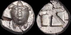 Greek ISLANDS OFF ATTICA. Aegina. Circa 480-457 B.C. AR stater. 12.32 gm. 21 mm. Sea turtle, viewed from above, with 'T-back' design with trefoil collar (five large pellets down the back of its shell 