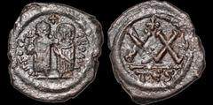 Byzantine BYZANTINE EMPIRE. Phocas, with Leontia. 602-610. Æ half follis. 5.2 gm. 21 mm. Thessalonica mint. Phocas on left, holding globus cruciger, and Leontia on right, holding cruciform scepter, st
