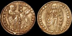 Central Asian CRUSADERS. Beyliks of Western Asia Minor. After 1348. AV ducat. 3.44 gm. 22 mm. Late 'K' series, imitating the Venetian ducats of Andrea Dantolo (1344-1354). Doge to right, kneeling left