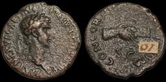 Roman Imperial Nerva. A.D. 96-98. Æ as. 9.97 gm. 28.5 mm. Rome mint. Struck A.D. 97. His laureate head right; IMP NERVA CAES AVG P M TR P COS III P P / Clasped right hands; CONCORDIA EXERCITVVM S C. R