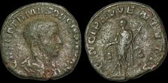 Roman Imperial Herennius Etruscus. As Caesar, A.D. 250-251. Æ sestertius. 14.92 gm. 27 mm. Rome mint. His bareheaded and draped bust right; Q HER ETR MES DECIVS NOB C / Herennius standing left, holdin