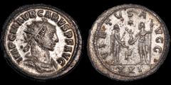Roman Imperial Carus. A.D. 282-283. Antoninianus. 3.93 gm. 22 mm. Antioch mint, 3rd officina. His radiate, draped, and cuirassed bust right; IMP C M AVR CARVS P F AVG / Carus standing right, receiving