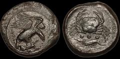 Greek SICILY. Akragas. Circa 415-406 B.C. Æ Tetras – Trionkion. 10.24 gm. 23 mm. Eagle, wings raised, facing right, and standing on and tearing at dead hare; AKPA to left / Crab above three pellets (m