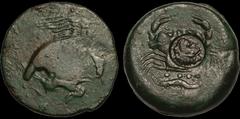 Greek SICILY. Akragas. Circa 415-406 B.C. Æ tetras. 10.91 gm. 23 mm. Eagle standing right, wings spread, tearing at hare below / Crab; three pellets (mark of value) and crayfish left below; c/m: head 