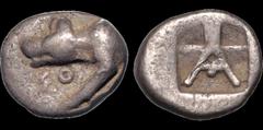 Greek PELOPONNESOS. ARGOLIS. Argos. Circa 450-430/20 B.C. AR triobol. 2.58 gm. 13 mm. Forepart of wolf at bay left; ΣO below / Large A, pellet below crossbar, in two part incuse square. BCD Peloponnes