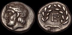 Greek PELOPONNESOS. ARGOLIS. Epidauros. Circa late 280-260 B.C. AR hemidrachm. 2.58 gm. 15 mm. Laureate head of Asklepios left / EΠ monogram within a wreath. SNG Copenhagen 116. BCD Peloponessos 1234.