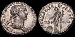 Roman Imperial Trajan. A.D. 98-117. AR denarius. 3.43 gm. 17.5 mm. Rome mint. Struck A.D. 114-117. His laureate and draped bust right; IMP CAES NER TRAIAN OPTIM AVG GER DAC PARTHICO / Providentia stan