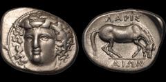 Greek THESSALY. Larissa. Circa 356-342 B.C. AR drachm. 5.95 gm. 20 mm. Head of the nymph Larissa facing slightly left, hair in ampyx / Horse crouching right, preparing to roll; ΛΑΡΙΣ above, ΣΙΩΝ in ex