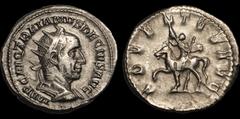 Roman Imperial Trajan Decius. A.D. 249-251. AR antoninianus. 3.88 gm. 22 mm. Rome mint. His radiate, draped, and cuirassed bust right; IMP C M Q TRAIANVS DECIVS AVG / Trajan Decius on horse pacing lef
